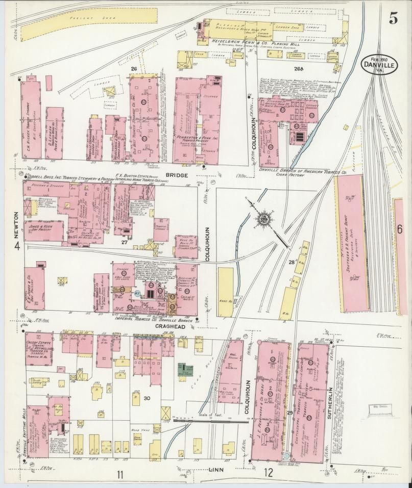 February 1910 Sanborn fire-insurance map of Danville, sheet 5, showing Craghead Street with an open coal and wood yard where the Witcher Block would be built